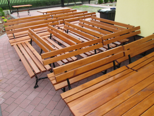 Meble Ogrodowe KRÓLEWSKIE nogi żeliwne 200 cm (stół + dwie ławki + dwa fotele)