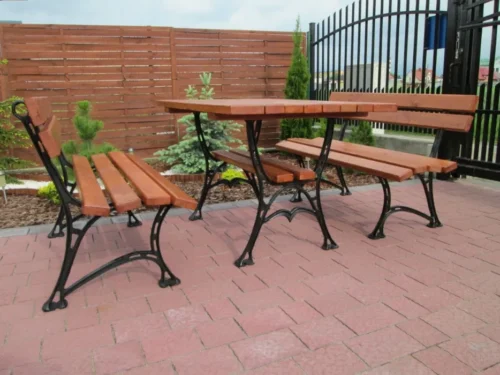 Meble Ogrodowe KRÓLEWSKIE nogi żeliwne 200 cm (stół i dwie ławki) (deski do własnego malowania)
