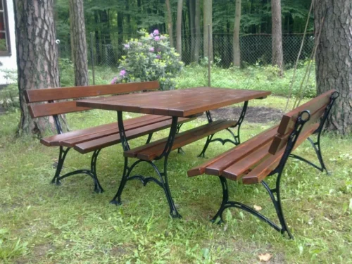 Meble Ogrodowe KRÓLEWSKIE nogi żeliwne 200 cm (stół i dwie ławki) (deski do własnego malowania)