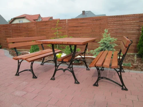 Meble Ogrodowe KRÓLEWSKIE nogi żeliwne 200 cm (stół i dwie ławki) (deski do własnego malowania)