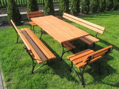 Meble Ogrodowe KRÓLEWSKIE nogi żeliwne 200 cm (stół + dwie ławki + dwa fotele)