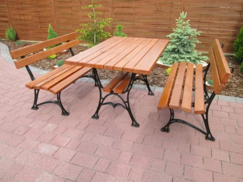 Meble Ogrodowe KRÓLEWSKIE nogi żeliwne 200 cm (stół i dwie ławki) (deski do własnego malowania)