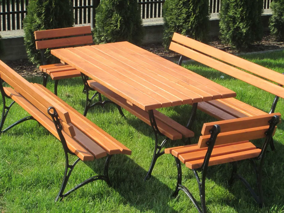 Meble Ogrodowe KRÓLEWSKIE nogi aluminiowe 150 cm (stół + dwie ławki + dwa fotele)