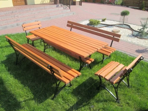 Meble Ogrodowe KRÓLEWSKIE nogi żeliwne 200 cm (stół i dwie ławki) (deski do własnego malowania)
