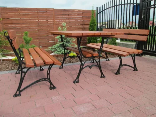 Meble Ogrodowe KRÓLEWSKIE nogi żeliwne 200 cm (stół i dwie ławki) (deski do własnego malowania)
