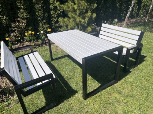 9 Meble ogrodowe 192 cm LOFT 03 nogi profil stalowy 60×40x2mm (stół + dwie ławki) (deski do własnego malowania)